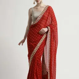 Jaipur Kurti Red Embroidered Saree With Unstitched Blouse image 3