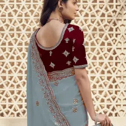 Odette Teal Georgette Embroidered Saree With Unstitched Blouse image 3