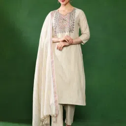 Jaipur Kurti Beige Embroidered Kurta Pant Set With Dupatta-image-0