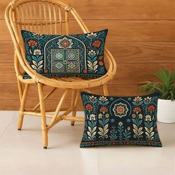 STITCHNEST Green & Off White 2 Pieces Ethnic Motifs Satin Rectangle Cushion Covers-picture-32