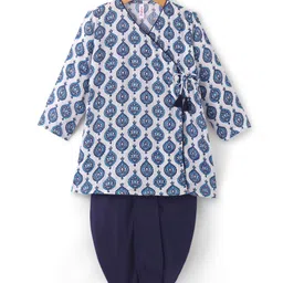 Babyhug 100% Cotton Woven Full Sleeves Kurta With Dhoti Angarakha Print - Navy Blue & White-image-48