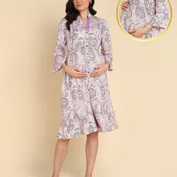 Zelena Rayon Three Fourth Sleeves Paisley   Printed Zipless Maternity Feeding Dress With Pockets - Baby Pink-image-72