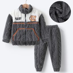 Kookie Kids Full Sleeves Front Zipper Winter Wear Suit With Teddy Embroidery - Grey & White-picture-5