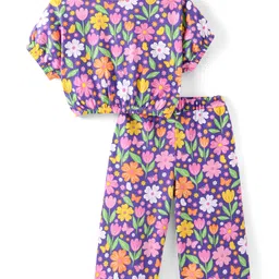 Babyhug Cotton Knit Half Sleeves Floral Printed Top & Lounge Pants Co-Ord Set - Purple-picture-27