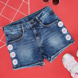 Pantaloons Junior Cotton Floral Embroidered Washed Shorts - Blue-picture-24