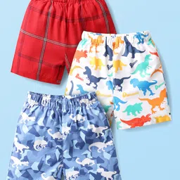 Babyhug Cotton Woven Boxers With Checks & Dino Print Pack Of 3 - Red Blue & White-image-23