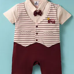 Mini Taurus Cotton Knit Half Sleeves Striped Romper With Baby Boss Embroidery & Bow Applique - Maroon-picture-14