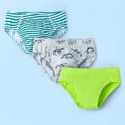 Honeyhap Premium Cotton Knit Briefs With Bio Finish Dino Print & Stripes Pack of 3 - Acid Lime & Bright White-image-12
