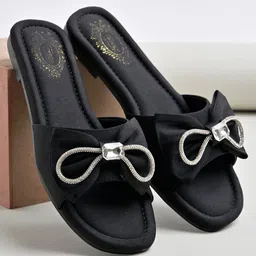 Shoetopia Bow Applique Detailed Stones Embellished Slip On Sandals - Black-image-93