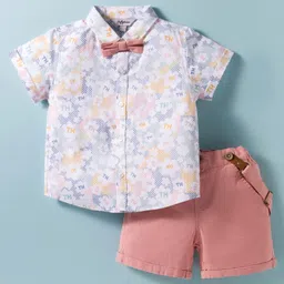 ToffyHouse Cotton Woven Half Sleeves Printed Shirt & Shorts Set with Bow & Suspender - Baby Pink & Multicolor-picture-38