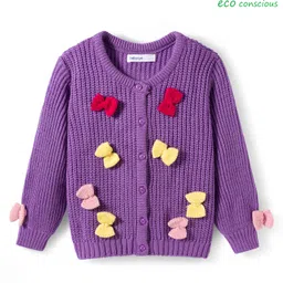 Babyoye Knit Full Sleeves Front Open Sweater with Bow Applique - Purple-picture-24