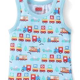 Babyhug 100% Cotton Sleeveless Antibacterial Sando Vests Stripes & Train Print Pack of 3 - Blue Red & Yellow image 2