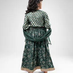 EARTHY TOUCH Woven Full Sleeves Foil Printed Choli Lehenga Set with Dupatta & Lace Detailing - Dark Green image 2