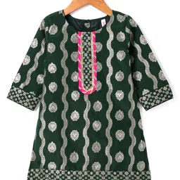 Babyhug Woven Three Fourth Sleeves Brocade Kurti Gharara & Dupatta Set with Lace Detailing - Dark Green image 2