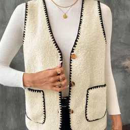 LULU & SKY Women Boucle Colourblocked Buttoned V-neck Sweater Vest with Embroidered Detail-picture-41