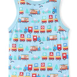 Babyhug 100% Cotton Sleeveless Antibacterial Sando Vests Stripes & Train Print Pack of 3 - Blue Red & Yellow image 3