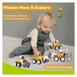 R for Rabbit Orapple Rover Push and Play Mini Construction Vehicle Set for Kids | Non-Toxic BPA Free 4 Pcs Road Roller, Bulldozer, Drill Crusher & Excavator Baby Toy Car Combo (Yellow Black) image 3