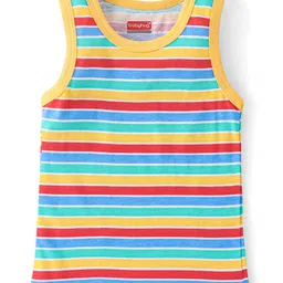 Babyhug 100% Cotton Sleeveless Antibacterial Sando Vests Stripes & Train Print Pack of 3 - Blue Red & Yellow image 4