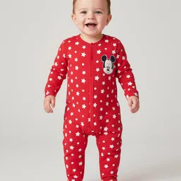 Babyhug Disney Interlock Knit Full Sleeves Sleep Suit with Star Print & Mickey Mouse Graphics Pack of 3 - Red Blue & White image 4