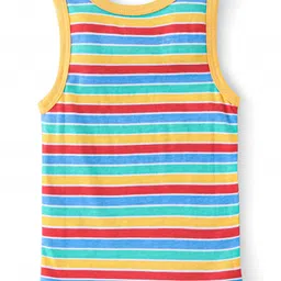 Babyhug 100% Cotton Sleeveless Antibacterial Sando Vests Stripes & Train Print Pack of 3 - Blue Red & Yellow image 5