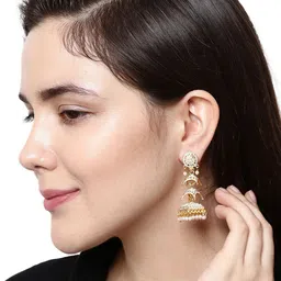 ANIKAS CREATION Gold plated & White Dome Shaped Enamelled Jhumkas image 4