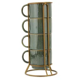 Fabindia Home Green Ceramic Onam Glazed Mug With Stand (300ml) - Set of 4 image 3