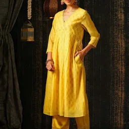 Jaypore Yellow Block Printed Flare Fit Kurta image 3