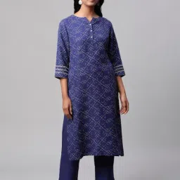 linen club woman Linen Club Women Navy Printed Kurta-picture-28