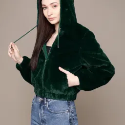 Label Ritu Kumar Emerald Green Solid Hooded Jacket image 3