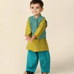 Fabindia Kids Olive & Teal Printed Full Sleeves Kurta, Jacket with Pyjamas image 3