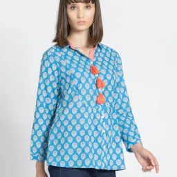 SHAYE Blue & White Cotton Floral Print Kurti image 3