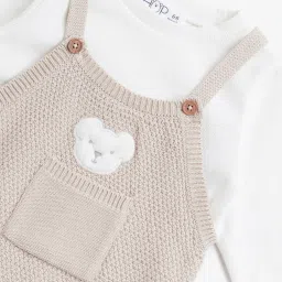 HOP Baby by Westside Taupe Knitted Cotton Blend Dungaree & T-Shirt Set image 3