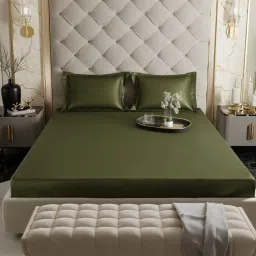 Stoa Paris Olive Green 300 TC Polyester King Fitted Sheet with 2 Pillow Covers image 3