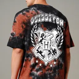 Bewakoof Official Harry Potter Merchandise Men's Black & Brown Seeker Graphic Printed Oversized T-shirt image 2