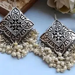 SZN Artificial Beaded Contemporary Shaped Oxidised Drop Earrings image 2