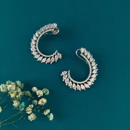 Kalakrith Milano Silver-Plated Crescent Shaped Cubic Zirconia Half Hoop Earrings-picture-40
