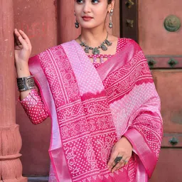 HERE&NOW Bandhani Woven Design Zari Linen Saree With Unstitched Blouse Piece-picture-10