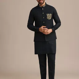 KALKI Fashion Mandarin Collar Thread Work Linen Kurta With Trousers & Jacket-picture-12