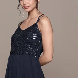 Antheaa Navy Blue Embellished Tiered Chiffon Midi Dress-picture-18