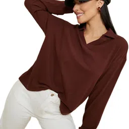styli Women’s V-Neck Collared T-Shirt | Long Sleeve Brushed Rib Polo in Soft Ribbed Viscose Blend | Relaxed Fit Solid Design Casual Wear for Women & Girls image 1