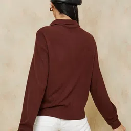 styli Women’s V-Neck Collared T-Shirt | Long Sleeve Brushed Rib Polo in Soft Ribbed Viscose Blend | Relaxed Fit Solid Design Casual Wear for Women & Girls image 4