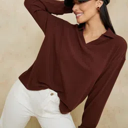 styli Women’s V-Neck Collared T-Shirt | Long Sleeve Brushed Rib Polo in Soft Ribbed Viscose Blend | Relaxed Fit Solid Design Casual Wear for Women & Girls image 5