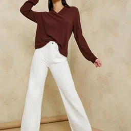 styli Women’s V-Neck Collared T-Shirt | Long Sleeve Brushed Rib Polo in Soft Ribbed Viscose Blend | Relaxed Fit Solid Design Casual Wear for Women & Girls image 2