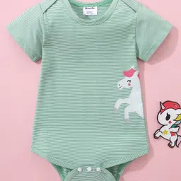 Kookie Kids Half Sleeves Onesies Stripes & Unicorn Print - Green-image-20
