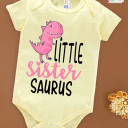 babywish Raksha Bandhan Theme Cotton Spun Half Sleeves Little Sister Text & Dinosaur Printed Onesie - Lemon Yellow-picture-18