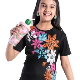 Pine Kids 100% Cotton Half Sleeves T-Shirt With Floral Print - Black-picture-11