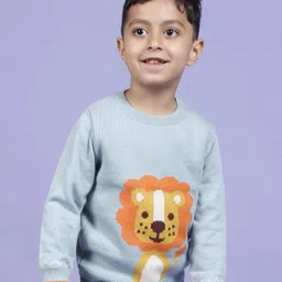 kids of greendeer Greendeer Full Sleeves Delighted Lion Design Detailed Jacquard 100% Cotton Sweater - Powder Blue & Orange-picture-28