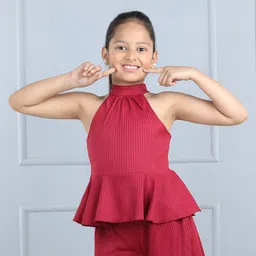 Aww Hunnie Cotton Lurex Halter Neck Ribbed Peplum Top - Maroon-picture-25