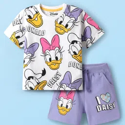 Babyhug Disney Single Jersey Knit Half Sleeves Oversize Drop Shoulder Half Sleeves T-Shirt & Shorts With Daisy Duck Graphic - Purple-picture-32