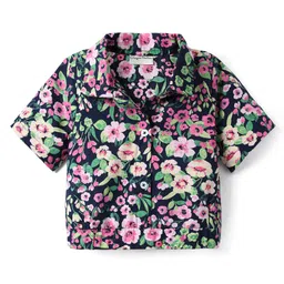 CrayonFlakes Cotton Woven Half Sleeves Floral Printed Shirt Style Crop Top - Navy Blue & Pink-picture-17